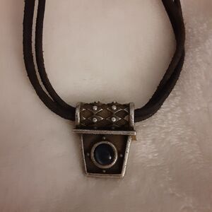 Chico's Rustic Tribal Pewter Tone Small Pendant Black Triple Cord Necklace 16"